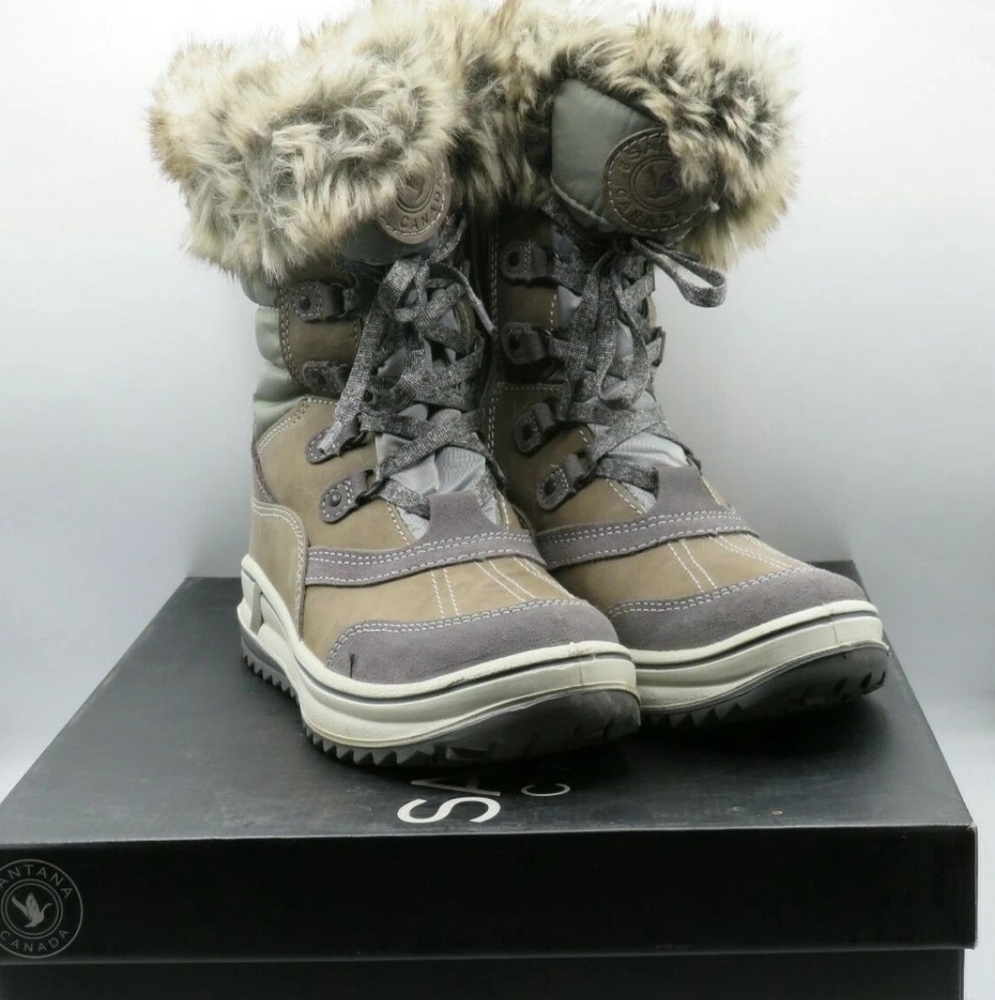 Sz 6.5,7 Women's Santana Canada Myrah Brown Winter Boots Faux Fur Trim Sz 37